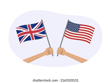 UK and USA flags. American and British national symbols. Hand holding waving flags. Vector illustration. svg
