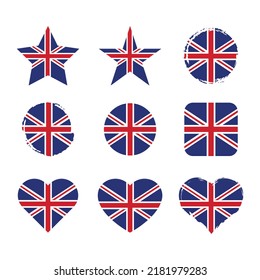 Uk vector circle and heart flag set. United kingdom dry brush and grunge effect stamp flags.