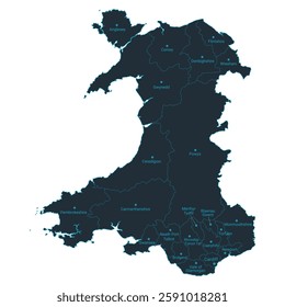 UK, Wales map high detailed with administrative divide by state, capital cities names, outline simplicity style. Vector illustration EPS10.