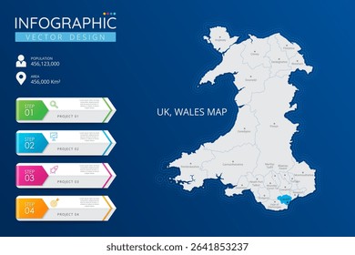 UK, Wales map with location pointer marks. High detailed country map with division, cities and capital infographic template. Vector illustration EPS10