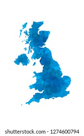 UK Watercolor Map Vector Illustration In Blue Color On White Background Using Paint Brush On Paper