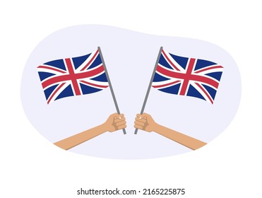 UK waving flag circle icon. Hand holding British flags. National symbol of Great Britain. Vector illustration.