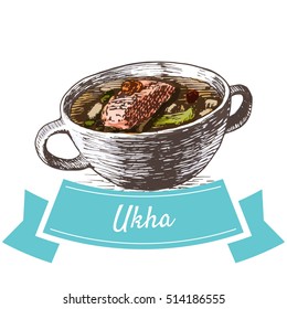 Ukha colorful illustration. Vector illustration of Russian cuisine.