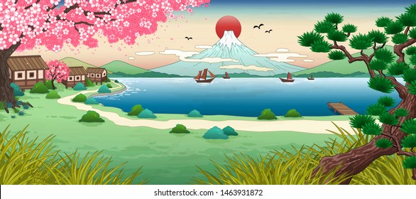 Ukiyo E Fuji Mountain Scenery With Beautiful Lake