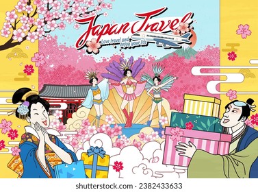 Ukiyo e Japan travel poster with people carnival performance in front of shrine and cherry blossoms.