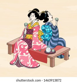 Ukiyo e style geisha enjoying sake and resting on tea house bench