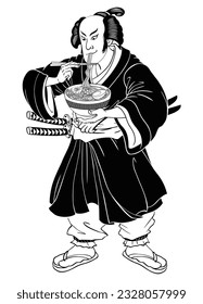 Ukiyo E Style of Hand Drawn Illustration of Man Eating Ramen Isolated Vector Illustration