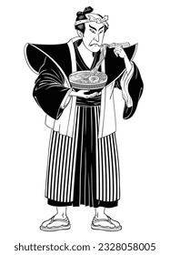 Ukiyo E Style Illustration of Man Eating Ramen Isolated Black and White