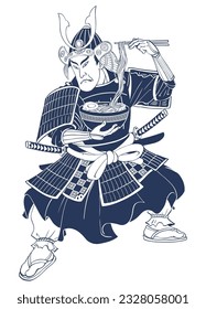 Ukiyo E Style Illustration of Samurai Eating Ramen Isolated Vector Illustration