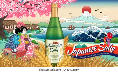 Ukiyo e style Japanese sake ads with geisha drinking rice wine