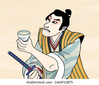 Ukiyo e style kabuki actor enjoying sake