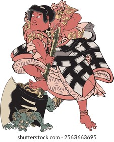 The ukiyo-e "Bando Mitsugoro" by Toyokuni Utagawa III (Utagawa Kunisada) is a work depicting the famous Kabuki actor Bando Mitsugoro of the Edo period, and his power and flamboyance on stage are outst