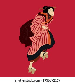 Ukiyo-e beauty woman, japanese geisha in kimono vector illustration. Japan art of asian girl, cute woman fashion. Japanese style dress of edo period.
