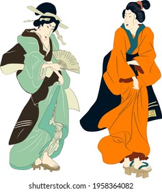 Ukiyo-e beauty woman, japanese geisha in kimono vector illustration. Japan art of asian girl, cute woman fashion. Japanese style dress of edo period.