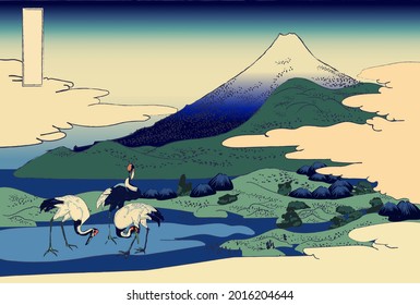 Ukiyo-e cranes in Japan nature landscape with hills, lake and storks in traditional japanese sumi-e style vector illustration.