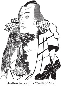 The ukiyo-e "Ichikawakodanji" by Toyokuni Utagawa III depicts the kabuki actor Ichikawakodanji, emphasizing his strength, acting ability, and noble appearance. His confident stance, luxurious costume,