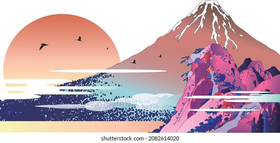 Ukiyoe landscape New Year's card illustration Fuji and Hakon