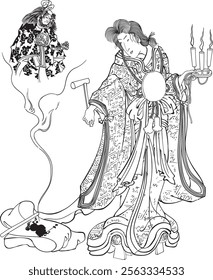 The ukiyo-e "Magical Competition Takiyasha" by Toyokuni III depicts the powerful, mysterious character Takiyashahime. Her bewitching expression, distinctive costume, and the fantastical background emp