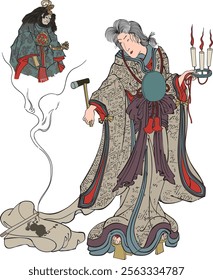 The ukiyo-e "Magical Competition Takiyasha" by Toyokuni III depicts the powerful, mysterious character Takiyashahime. Her bewitching expression, distinctive costume, and the fantastical background emp