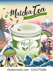 Ukiyo-e Matcha tea ads with giant takeaway cup floating upon ocean tides, Japanese vintage art