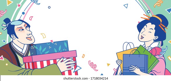 Ukiyo-e people holding gift boxes and shopping bags, Shopping festival banner template with copyspace