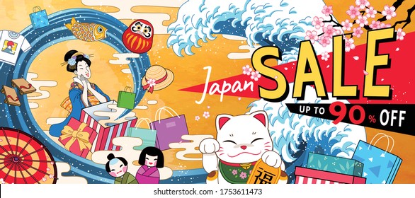 Ukiyo-e style annual sale banner design, Japanese cultural symbols flying out from gift box along with wind waves, fortune written in Chinese word