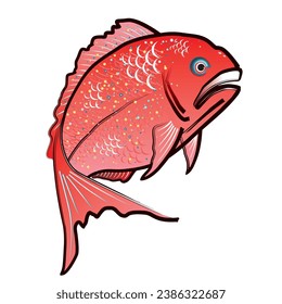 Ukiyo-e style colored drawing image illustration of a "Japanese jumping Red sea bream" that looks back.