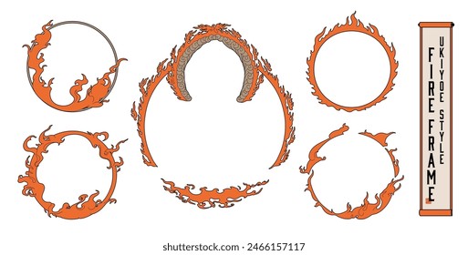 Ukiyo-e style flame circular title frame set.