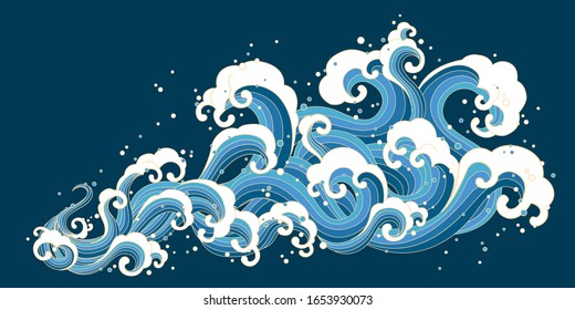 Ukiyo-e style splashing ocean tide on dark blue background