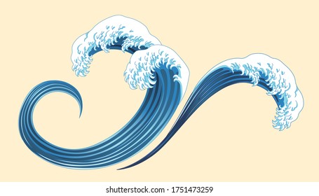 Ukiyo-e style splashing wave elements on light yellow background