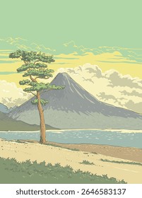 Ilustração do Lago Kawaguchi em Fujikawaguchiko, Yamanashi, perto do Monte Fuji, Japão, dentro das fronteiras do Parque Nacional Fuji-Hakone-Izu, feito em estilo wpa.
