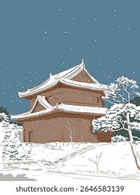 Ukiyo-e or ukiyo illustration of the Motorikyu or Moto-Rikyu Nijo Castle during winter in Kyoto, Japan done in retro wpa style.