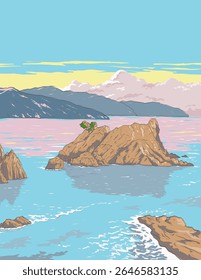 Ukiyo-e or ukiyo wpa style illustration of Cape Ashizuri headland at the southernmost tip of Shikoku, in the city of Tosashimizu, Kochi Prefecture situated within Ashizuri-Uwakai National Park, Japan.