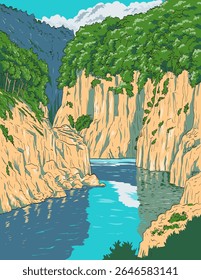 Ilustração em estilo ukiyo-e ou ukiyo wpa do desfiladeiro Dorokyo no afluente do rio Kumano dentro do vasto Parque Nacional Yoshino Kumano em Mie, prefeituras de Wakayama e Nara, Japão.