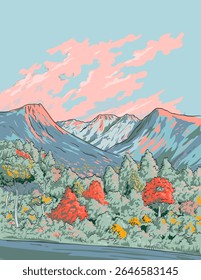 Ilustração em estilo ukiyo-e ou ukiyo wpa do Monte Asahi, Asahi-dake em Higashikawa, Hokkaido parte do Grupo Vulcânico Daisetsuzan das Montanhas Ishikari localizado dentro do Parque Nacional Daisetsuzan.