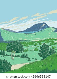 Ukiyo-e or ukiyo wpa style illustration of Mount Aso and the Kuju mountains located within Aso-Kuju National Park in Kumamoto and Oita Prefectures, Japan.