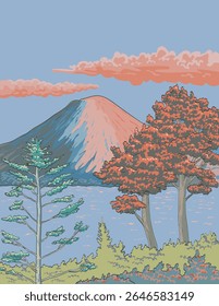 Ilustração em estilo ukiyo-e ou ukiyo wpa do Lago Chuzenji ou Chuzenji-ko e do Monte Nantai ou Monte Futara dentro do Parque Nacional Nikko na cidade de Nikko, província de Tochigi, Japão.