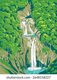 Ilustração em estilo ukiyo-e ou ukiyo wpa de Nanatsugama Falls no Parque Nacional Chichibu-Tama-Kai, na interseção das prefeituras de Saitama, Yamanashi, Nagano e Tóquio, Japão.