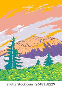 Ilustração em estilo ukiyo-e ou ukiyo wpa do Monte Bandai dentro do Parque Nacional Bandai-Asahi na região de Tohoku, Honshu, Japão.