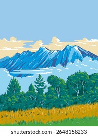 Ilustração em estilo ukiyo-e ou ukiyo wpa do Parque Nacional dos Alpes de Minami, Minami Arupusu Kokuritsu Koen mostrando Mt.Kitadake e Mt.Senjogatake nas montanhas Akaishi, região de Chubu, Honshu, Japão.
