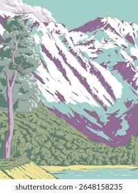 Ilustração em estilo ukiyo-e ou ukiyo wpa de Kamikochi e Monte Hotaka com o Rio Azusa, Azusa-gawa dentro do Parque Nacional Chubu-Sangaku, Chubu Sangaku Kokuritsu Koen na região de Chubu, Japão.
