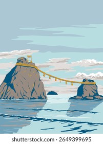 Ilustração em estilo ukiyo-e ou ukiyo wpa do Meoto Iwa Rocks of Futami Okitama Shrine, o Casal Casado Rocks dentro do Parque Nacional Ise-Shima em Futami-ura ao largo da costa de Ise, Mie, Japão.