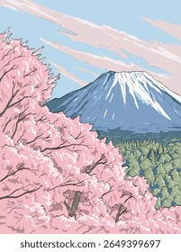 Ilustração em estilo ukiyo-e ou ukiyo wpa de flores de cerejeira com Monte Daisen dentro do Parque Nacional Daisen-Oki na região de Chugoku, Honshu nas prefeituras de Okayama, Shimane e Tottori, Japão.