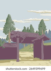 Ukiyo-e or ukiyo wpa style illustration of Hakone Sekisho Checkpoint Kyoto side gate or Edoguchi Gate within Fuji-Hakone-Izu National Park in Hakone, Kanagawa Prefecture Japan.