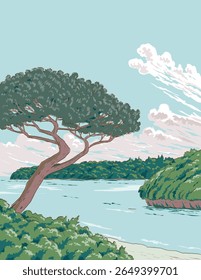 Ukiyo-e or ukiyo wpa style illustration of Kabira Bay within Iriomote-Ishigaki National Park located in on the north coast of Ishigaki Island, Okinawa Prefecture, Japan.