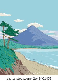 Ukiyo-e or ukiyo wpa style illustration of Shigetomi Beach with Mount Sakurajima in Kinkowan Bay within in Kirishima-Kinkowan National Park, Kagoshima, Japan.