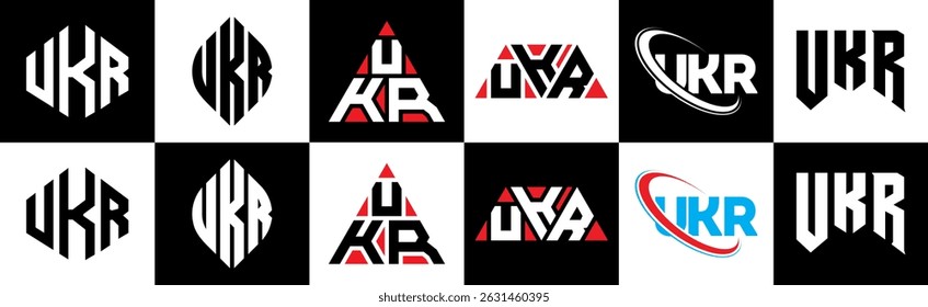 UKR letter logo design in six style. UKR polygon, circle, triangle, hexagon, flat and simple style with black and white color variation letter logo set in one artboard. UKR minimalist and classic logo