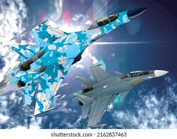 Ukraina Blue Camouflaged SU-27 And Russian Gray SU-30BM Jet Fighters Face Off Illustration, With Strong Sun Shine Background.