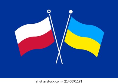 Ukraina and Poland, flags on a blue background
