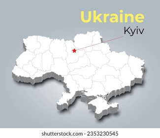 Ukraine 3d map with borders of regions and it’s capital